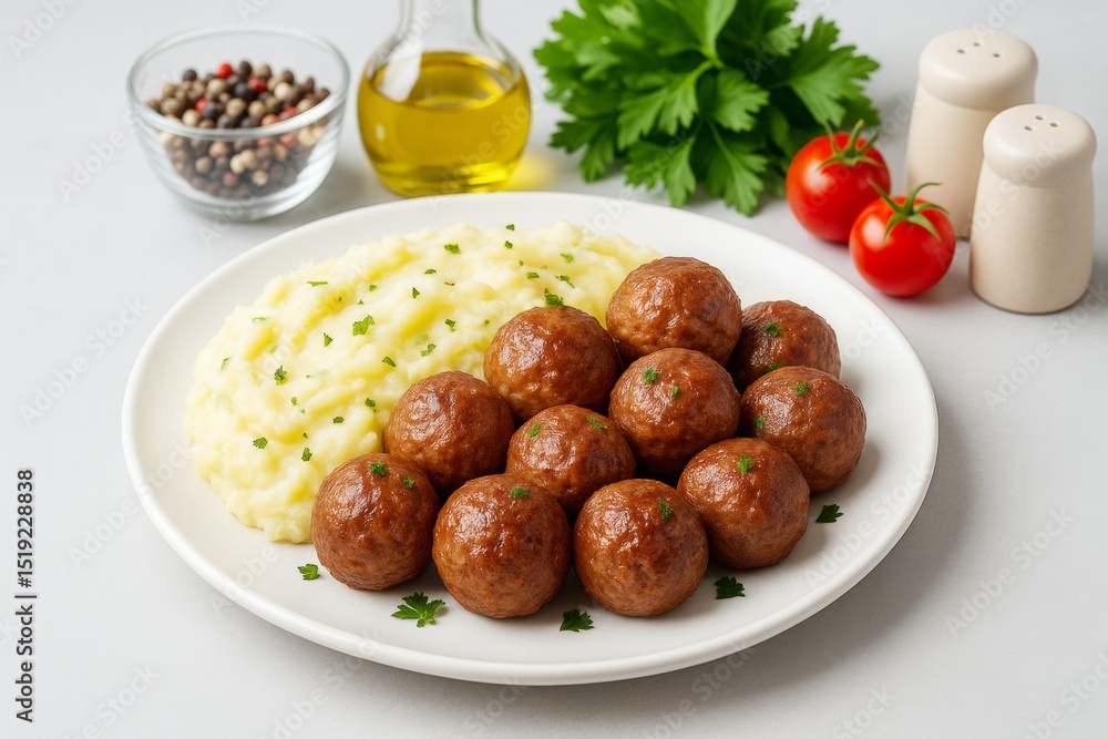Delicious plate of mashed potatoes and meatballs garnished with herbs on white background with fresh ingredients in soft natural light. Delicious plate of mashed potatoes and meatballs garnished with herbs on white background with fresh ingredients in soft natural light.