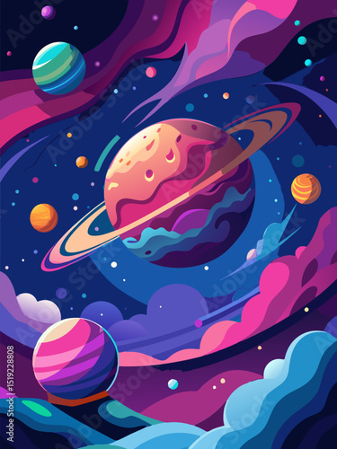 Cosmic Dreams. A vibrant journey through a fantasy galaxy filled with colorful planets and nebula clouds