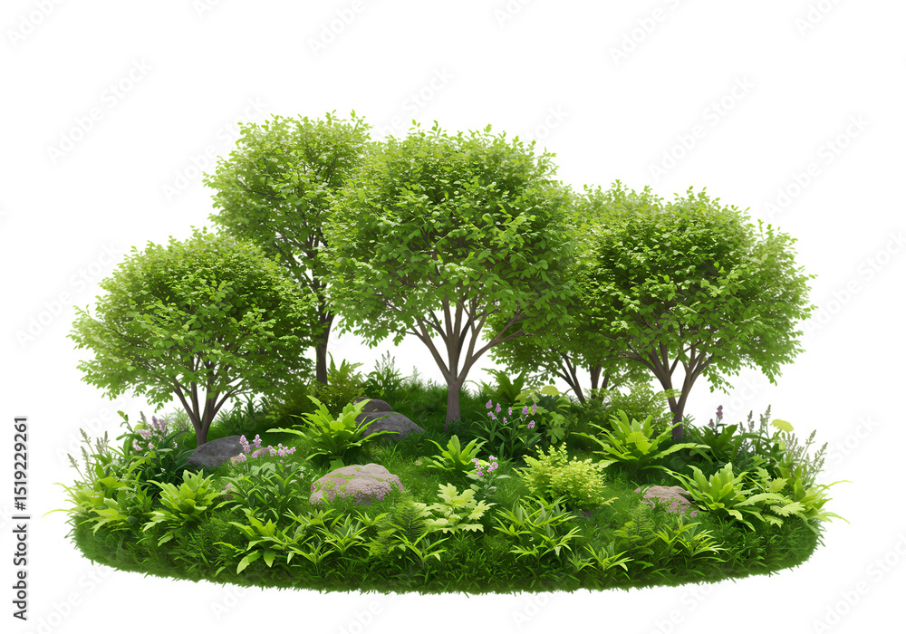 Fototapeta premium Lush Green Island of Trees and Shrubs isolated on transparent baackground