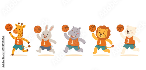 Cute Basketball Animal Team Flat Illustration for Kids