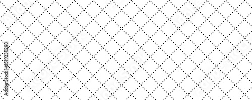 Black and white dashed crisscross lines grid pattern. Dash lines cross forming rhombus or square vector page.