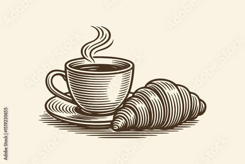 Coffee cup and croissant engraving vector illustration