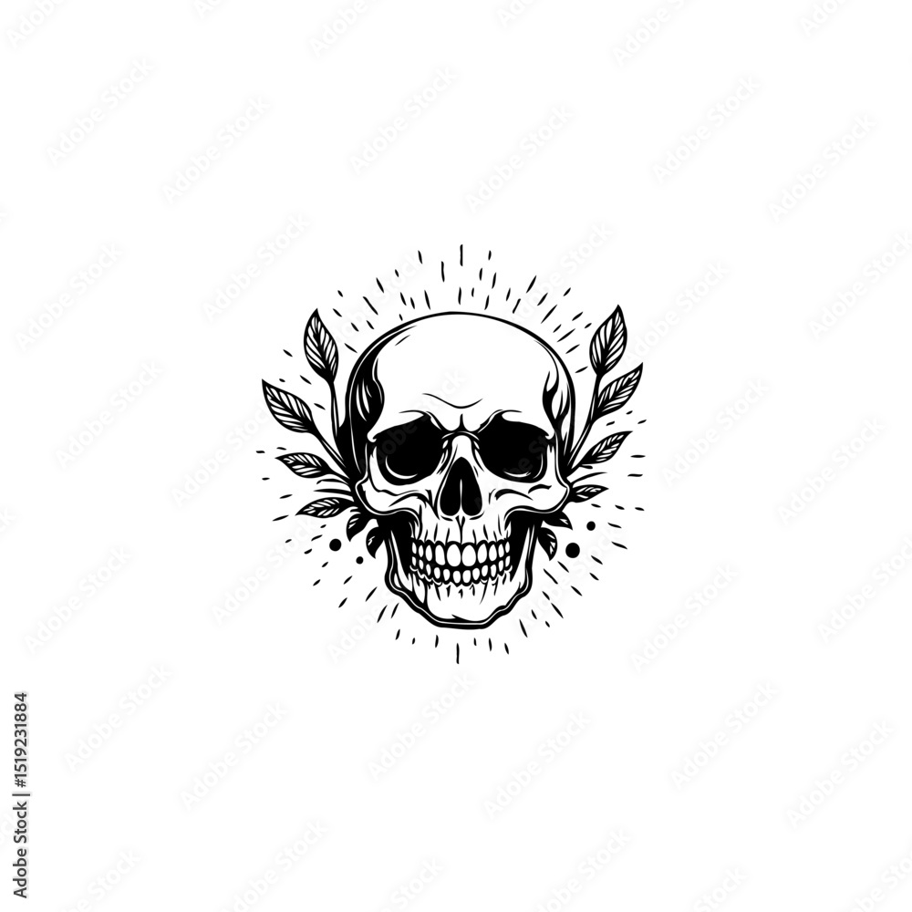 Skull and Foliage: Intricate Illustration of Mortality and Natural Beauty Skull and Foliage: Intricate Illustration of Mortality and Natural Beauty