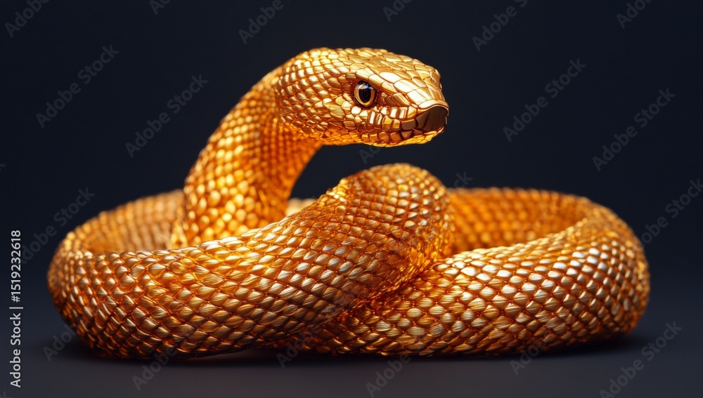 Fototapeta premium A gold colored snake is curled up on a black background