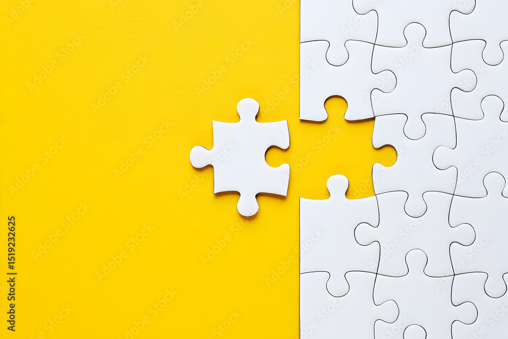 Obraz premium Missing piece white jigsaw puzzle on yellow background