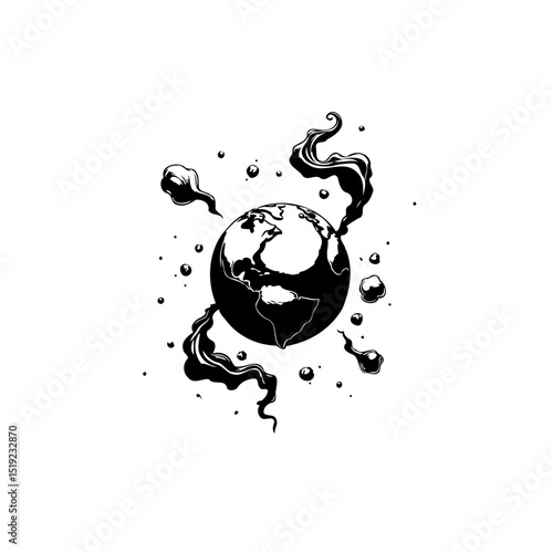 Monochromatic depiction of planet earth surrounded by smoke symbolizing environmental issues