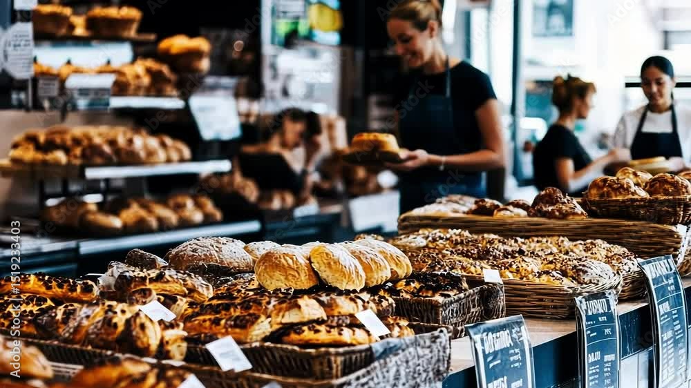 A vibrant bakery display filled with various fresh baked goods.