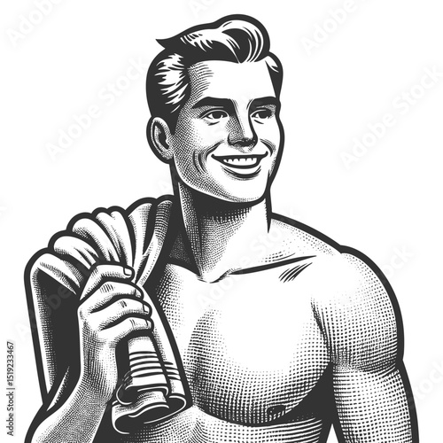 muscular man with a towel over his shoulder, exuding retro beach or athletic vibes sketch engraving generative ai fictional character vector illustration. Scratch board imitation. Black and white.