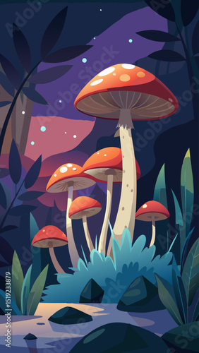 Enchanted Forest. Luminous Mushrooms at Night