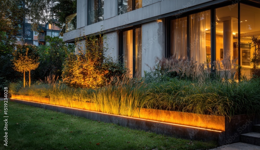 Fototapeta premium Building with illuminated garden and grasses at dusk
