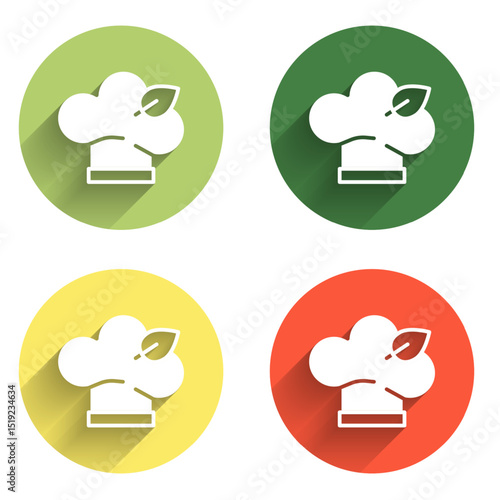 Set Vegan food diet icon isolated with long shadow background. Organic, bio, eco symbol. Vegan, no meat, lactose free, healthy, fresh and nonviolent food. Color circle button. Vector