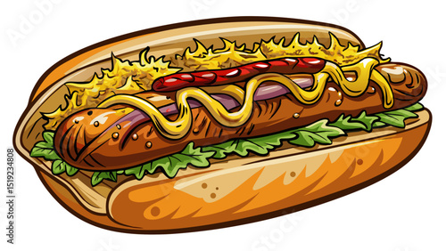Grilled bratwurst in crusty roll with sauerkraut, mustard, and onion relish, close-up on white background showing juicy sausage with rustic German street food flair.