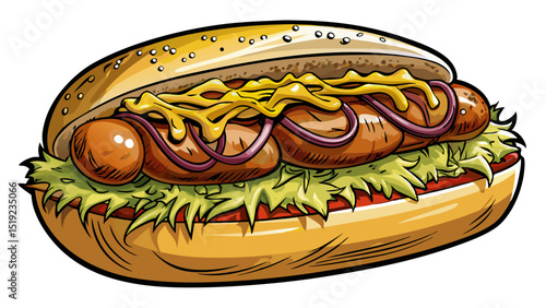 Grilled bratwurst in crusty roll with sauerkraut, mustard, and onion relish, close-up on white background showing juicy sausage with rustic German street food flair.