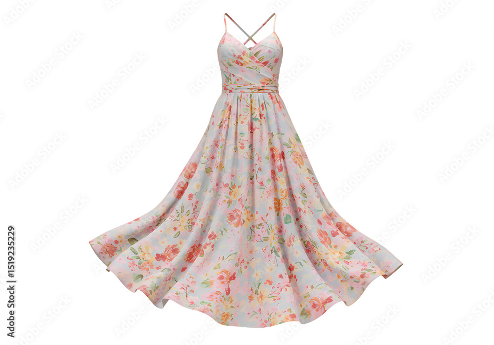 Obraz premium Floral Print Maxi Dress A Summer Evening Gown isolated on transparent baackground