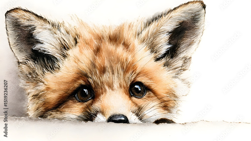 Obraz premium Charming little fox cub peeking curiously from the edge of a paper with soft watercolor like details warm fur tones and friendly eyes against a white background
