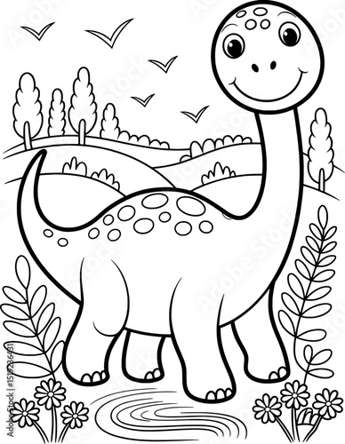 Adorable cartoon brontosaurus dinosaur coloring page