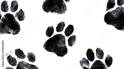 Striking black dog paw prints scattered across a clean white background with a bold expressive ink brush texture providing a grungy organic feel to the image