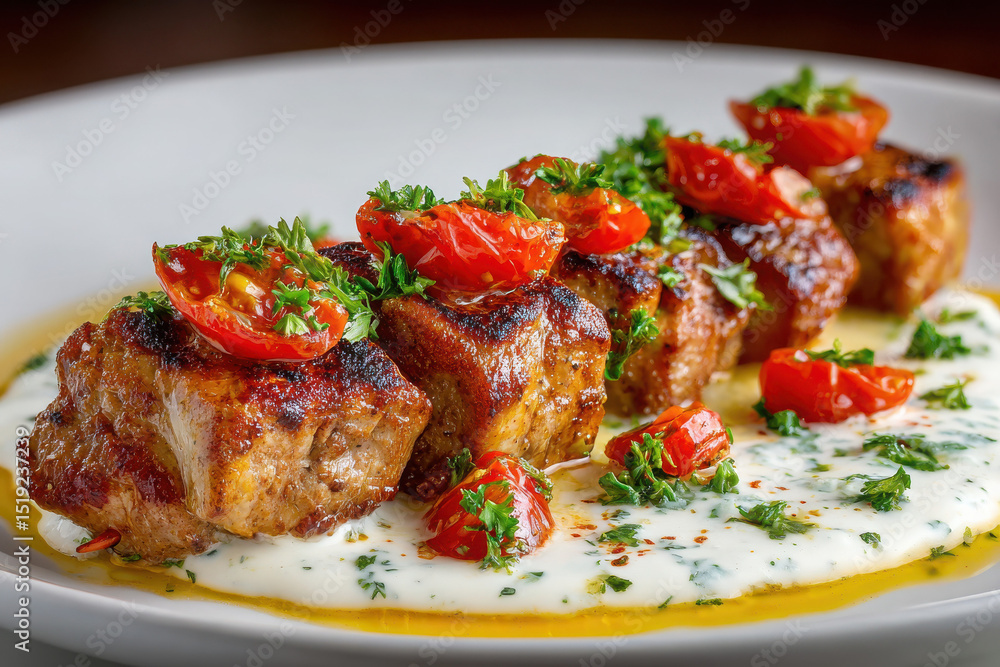 Delicious grilled meat skewers with tomatoes and herbs Delicious grilled meat skewers with tomatoes and herbs