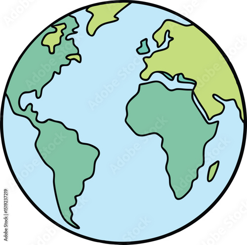Colorful Earth globe illustration showing continents and oceans in a clean cartoon style. Ideal for education, geography, or environmental projects. High-quality vector artwork for global concepts.