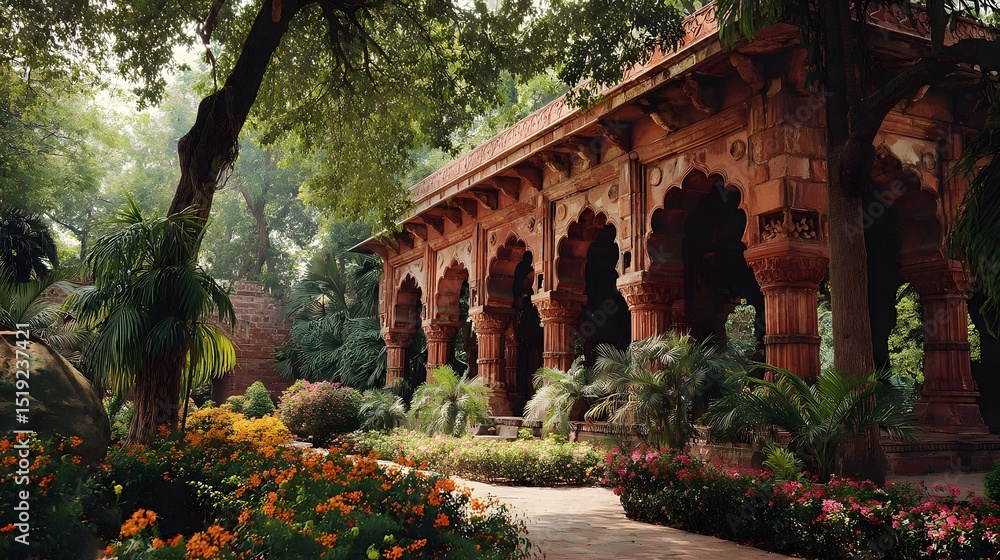 Obraz premium Picturesque Mughal palace garden showcasing the grand architectural style of ornate sandstone arches surrounded by a vibrant display of tropical plants and florals