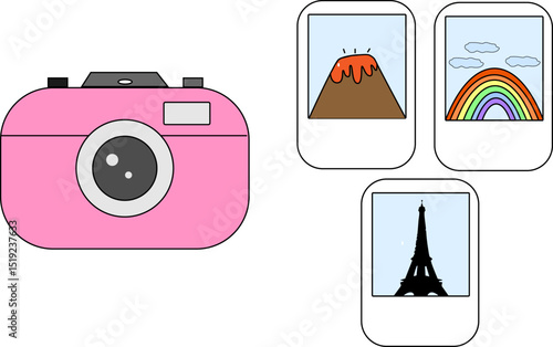 Pink Camera and Travel Photo Vector Illustration – Cute Flat Style Design Featuring Landmark, Nature, and Vacation Memories