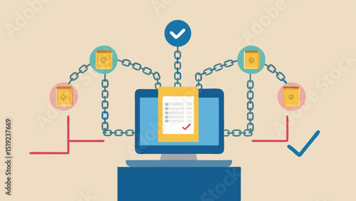 Illustration of a computer connected via chains to data blocks with a checklist on the screen