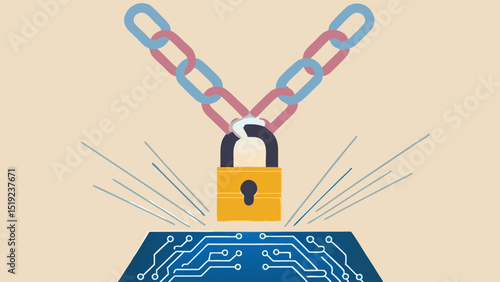 A chain and padlock securing a blue circuit board with radiating lines on a light tan background