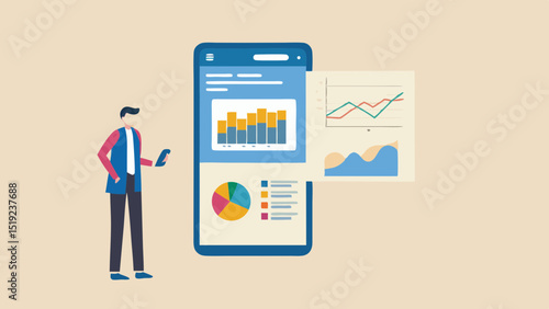 Man looking at data analytics dashboard on a mobile phone with charts and graphs displayed on screen