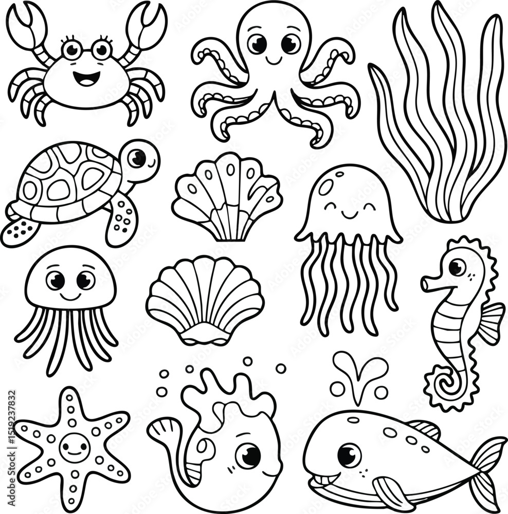Fototapeta premium Sea creature cartoon vector black white art