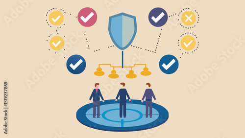 Illustration of business team protected by shield with approval and rejection indicators around