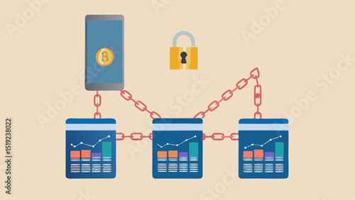 Illustration of a blockchain network with a phone bitcoin icon and a padlock for security and data