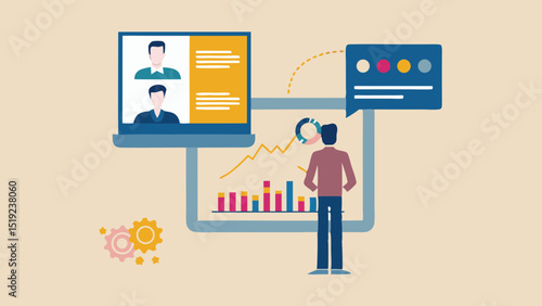 Man analyzing charts and graphs on screen while in a video conference with two participants online