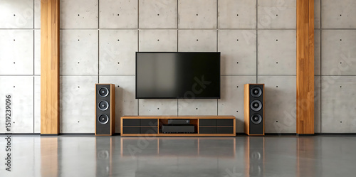 Wallpaper Mural Modern Home Theater Setup with Flat Screen TV and Floor Standing Speakers in Concrete Room Torontodigital.ca