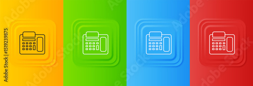 White Telephone icon isolated on colorful background. Landline phone. Set icons in square buttons. Vector