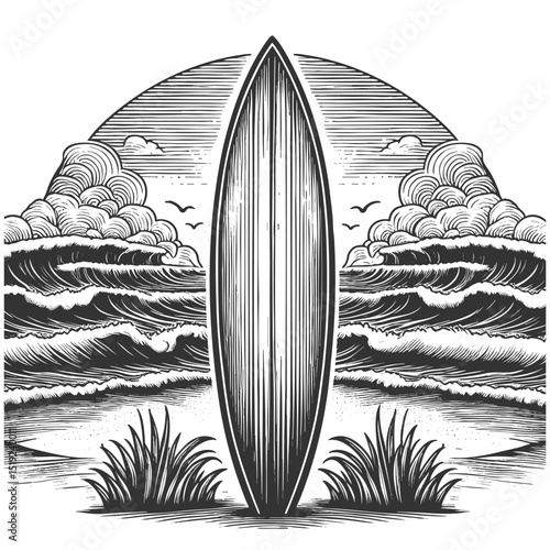 surfboard standing upright on the beach, facing the ocean with rolling waves sketch engraving generative ai vector illustration. Scratch board imitation. Black and white image.
