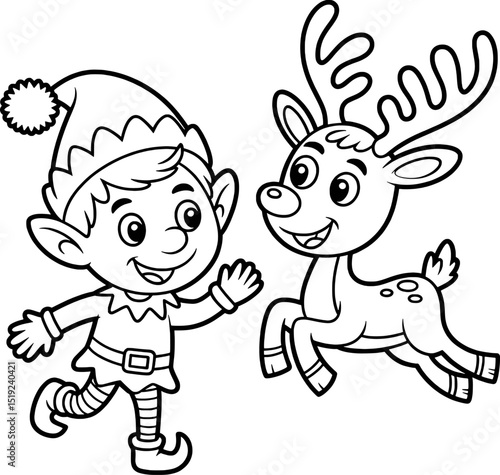 Christmas elf and reindeer coloring page fun festive illustration