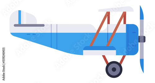 Colorful biplane soaring through a bright blue sky, showcasing a striking blue fuselage, pristine white wings, and a charming wooden frame connecting the upper and lower wings