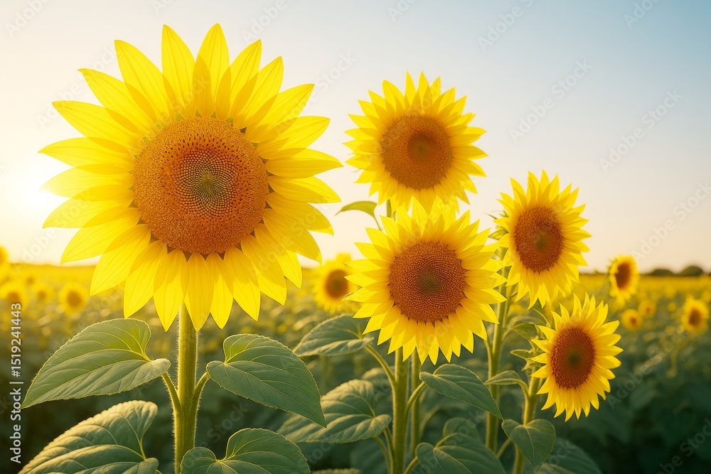Fototapeta premium Bright sunflowers glowing under warm sunlight in a vast sunny field, showcasing vibrant plant life with a natural background and radiant light.