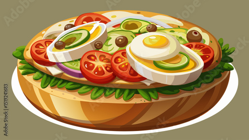  Round crusty bread soaked in olive oil, stuffed with tuna, hard-boiled egg, olives, tomatoes, green beans, and vinaigrette, close-up revealing colorful, layered Mediterranean freshness.