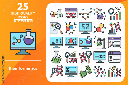 Bioinformatics Line Filled Icon Set. Incleded Icons Biotechnology, Website, Molecular, Bioengineering, Analytics, Data analytics, Enzyme, Monitoring. Vector Icons Collection