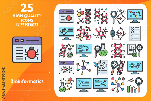Bioinformatics Line Filled Icon Set. Incleded Icons Virus, Bioinformatics, DNA, Technology, Chemistry, Pc, Monitor, Networking, Analysis. Vector Icons Collection