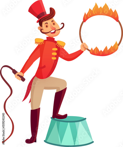 Cheerful ringmaster with mustache wearing red jacket and top hat holding a flaming hoop and whip, standing on a small circus pedestal, presenting a show