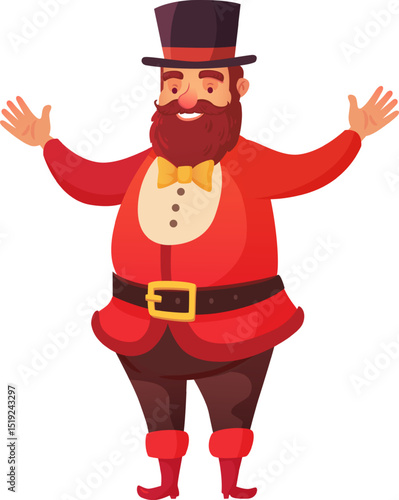 Cheerful, bearded circus performer in red costume and top hat, standing with arms outstretched, greeting audience and inviting to enter the show