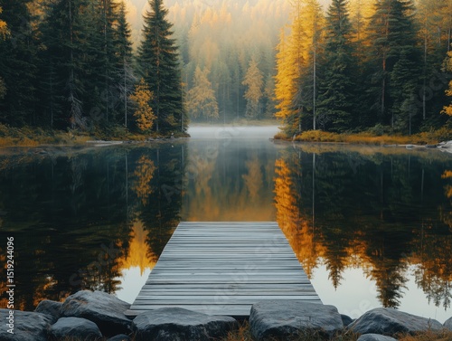 Fototapeta Naklejka Na Ścianę i Meble -  Tranquil lake surrounded by forest with wooden dock reflecting in water at sunrise in Karelia, Russia

