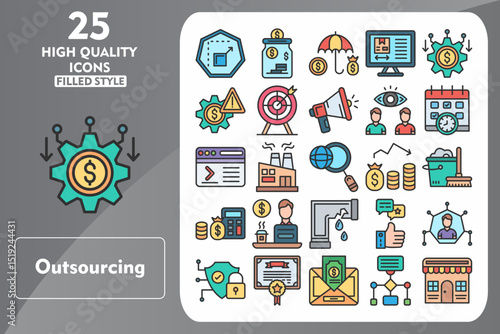 Outsourcing Line Filled Icon Set. Incleded Icons Scalable, Saving Money, Insurance, Product Design, Cost, Risk Management, Target, Promote. Vector Icons Collection