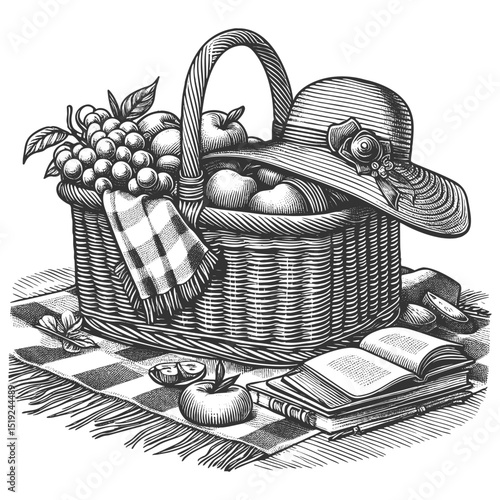 picnic basket filled with fruit, sunhat, and an open book on a checkered blanket, ideal for summer themes sketch engraving generative ai vector illustration. Scratch board imitation. Black and white.