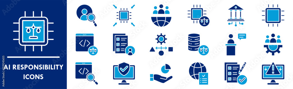 AI Responsibility icon collection set. Containing design law, artificial, ai, digital, technology AI Responsibility icon collection set. Containing design law, artificial, ai, digital, technology
