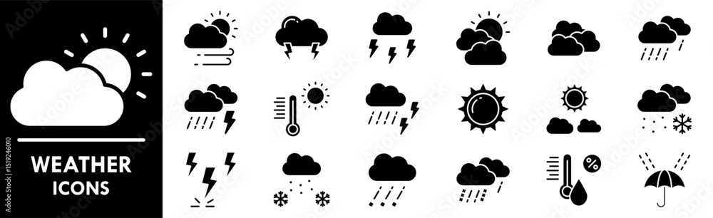 Weather icon collection set. Containing design climate, nature, sky, sunny, rain, rainy Weather icon collection set. Containing design climate, nature, sky, sunny, rain, rainy