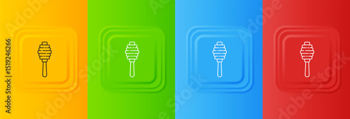 White Honey dipper stick icon isolated on colorful background. Honey ladle. Set icons in square buttons. Vector