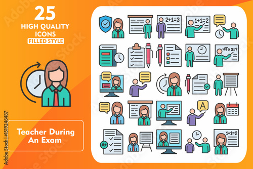Teacher during an exam Line Filled Icon Set. Incleded Icons Security, Board, Teacher, Learn, Lesson, Time to study, Checklist, Quiz, Time management. Vector Icons Collection